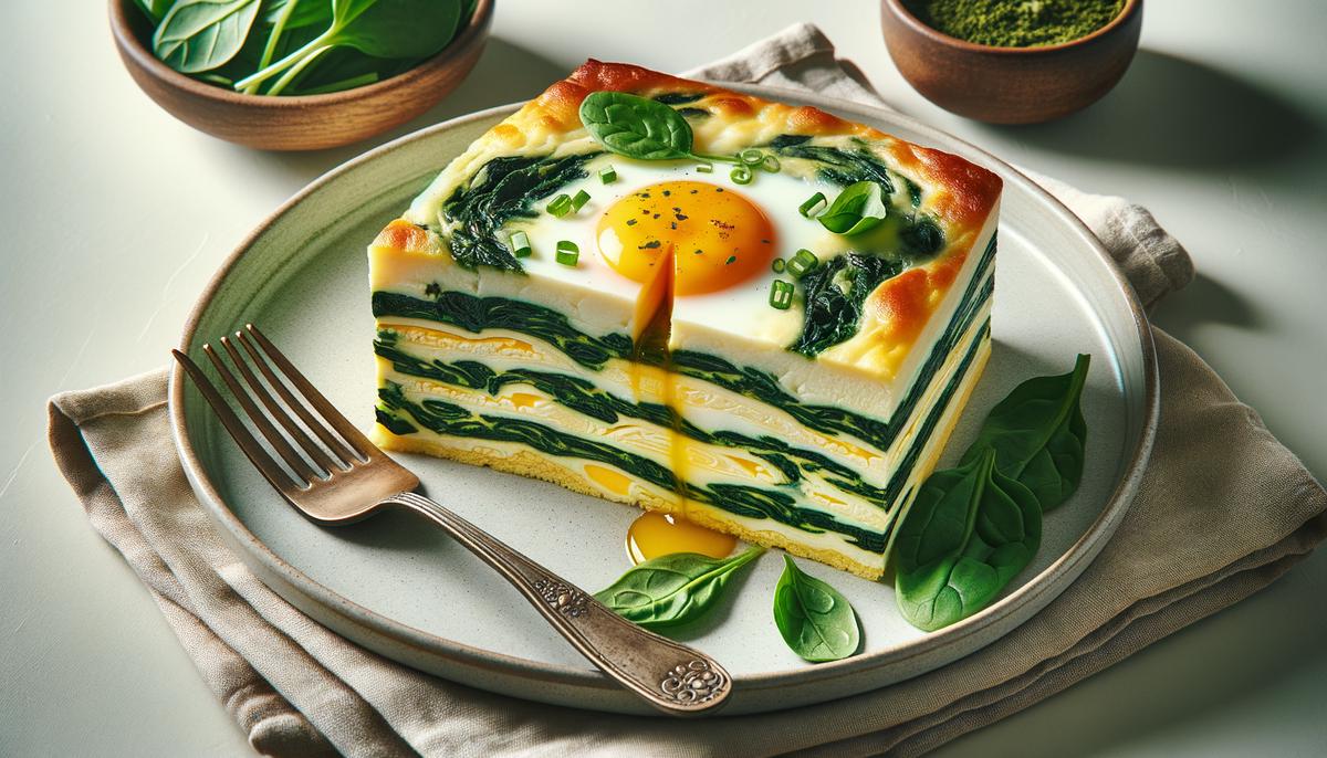 A slice of baked eggs with spinach being served on a plate