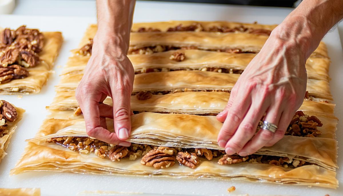 Hands assembling layers of baklava with phyllo sheets and nut mixture