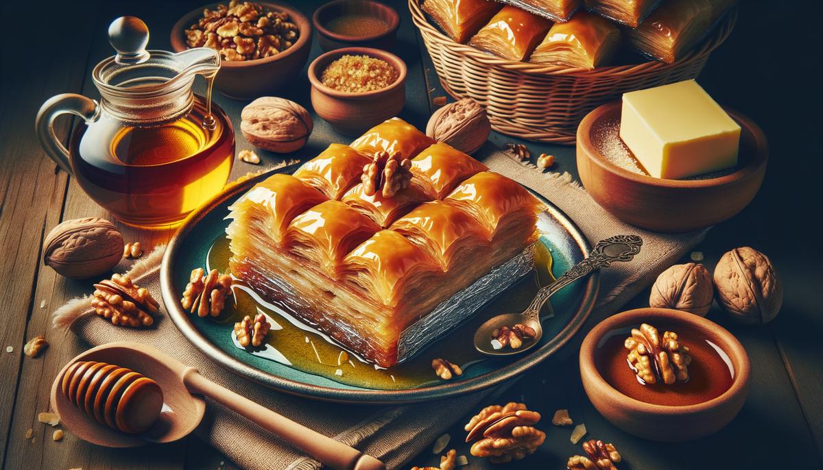 Finished baklava with honey syrup and recipe ingredients