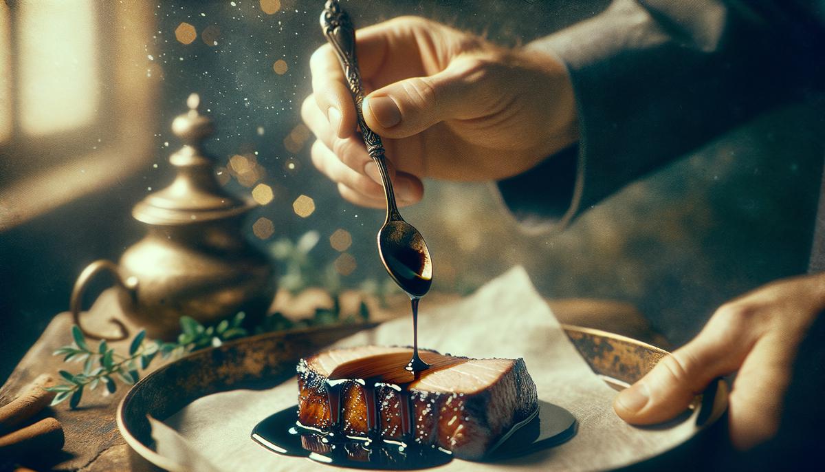 A hand drizzling thick balsamic glaze over a perfectly cooked pork tenderloin