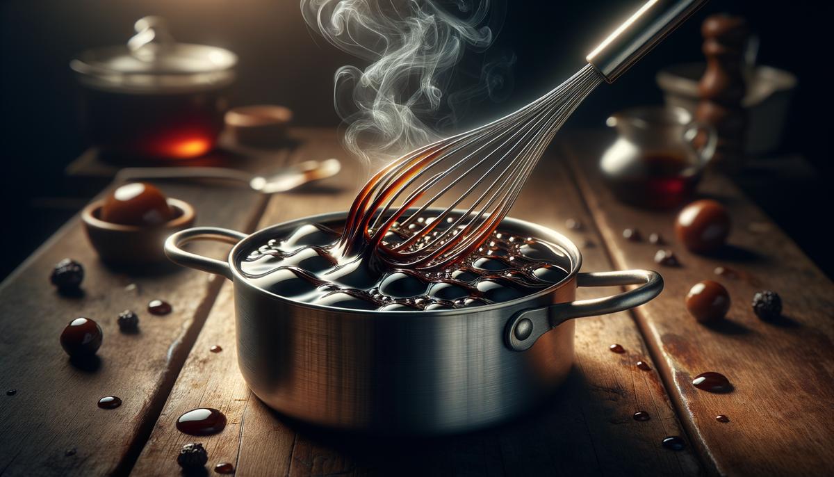 A saucepan with bubbling balsamic glaze being stirred with a whisk