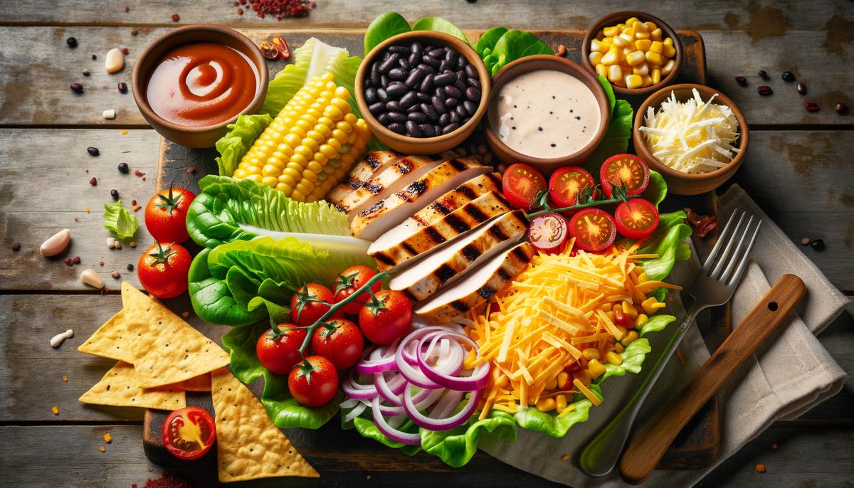 Ingredients for BBQ chicken salad laid out on a wooden surface