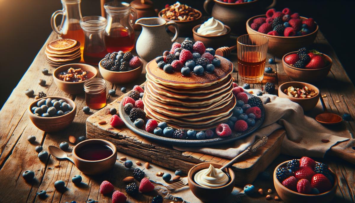 A beautifully presented brunch spread featuring berry pancakes