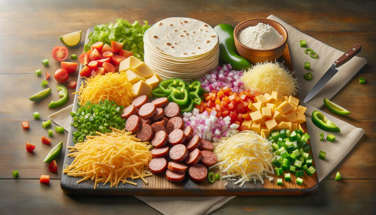 An array of fresh ingredients for making sausage breakfast burritos