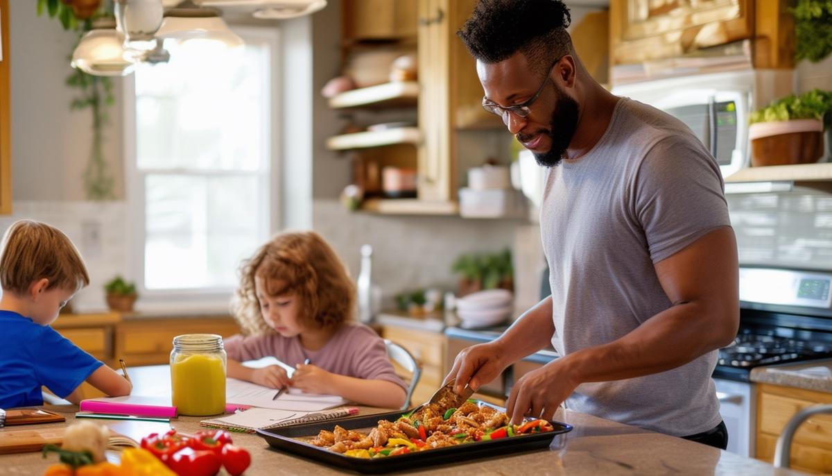A busy kitchen with a parent preparing sheet pan chicken fajitas while children do homework