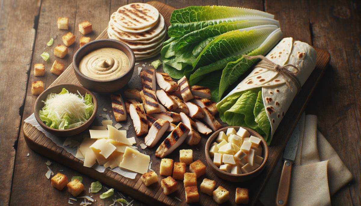 Ingredients for a chicken Caesar wrap laid out on a wooden surface