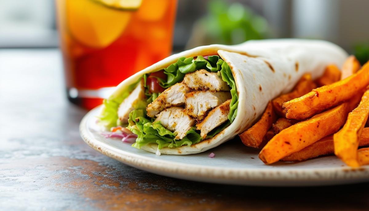 A plate with a chicken Caesar wrap, sweet potato fries, and a glass of iced tea