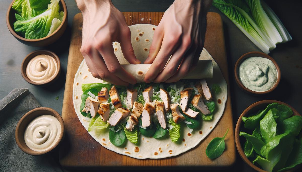 Hands assembling a chicken Caesar wrap on a cutting board