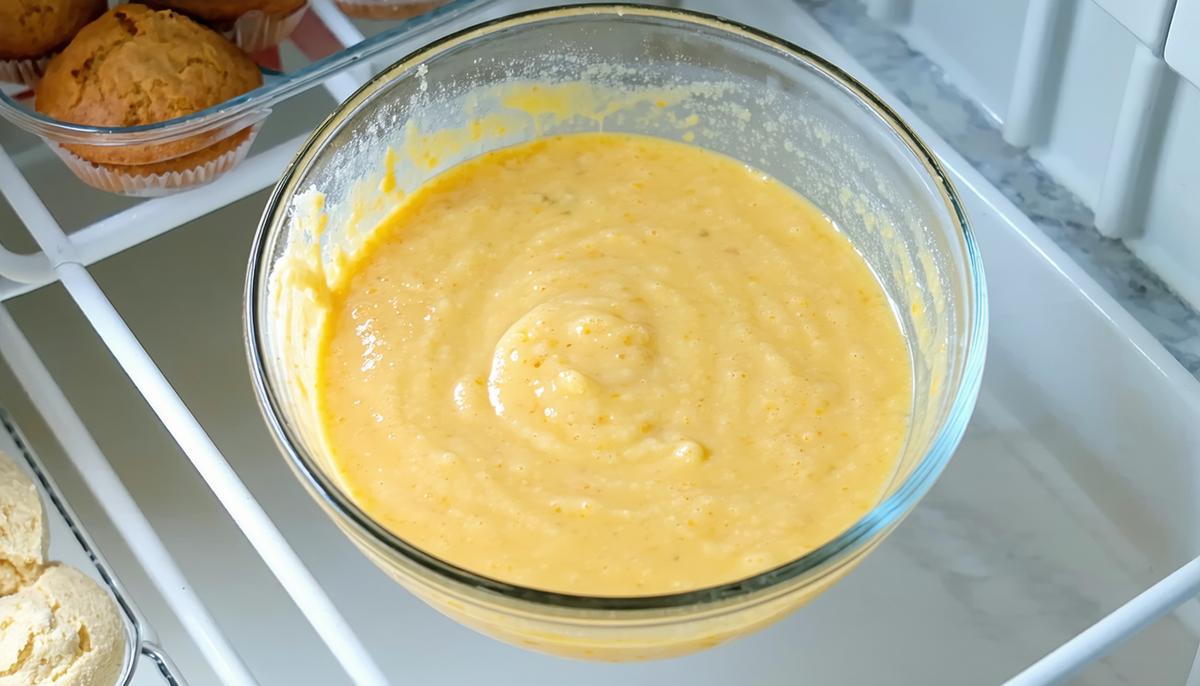 A bowl of chilled gluten-free muffin batter in the refrigerator