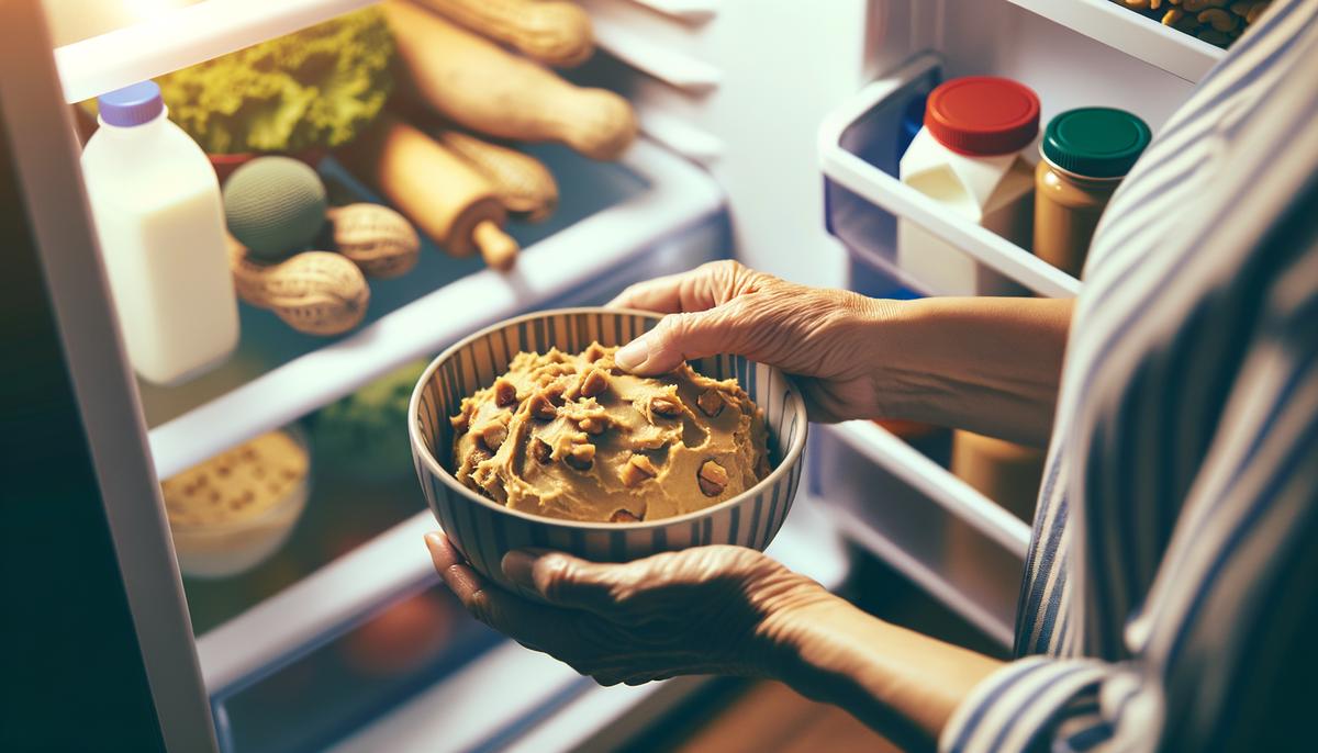 A bowl of peanut butter cookie dough being placed in the refrigerator