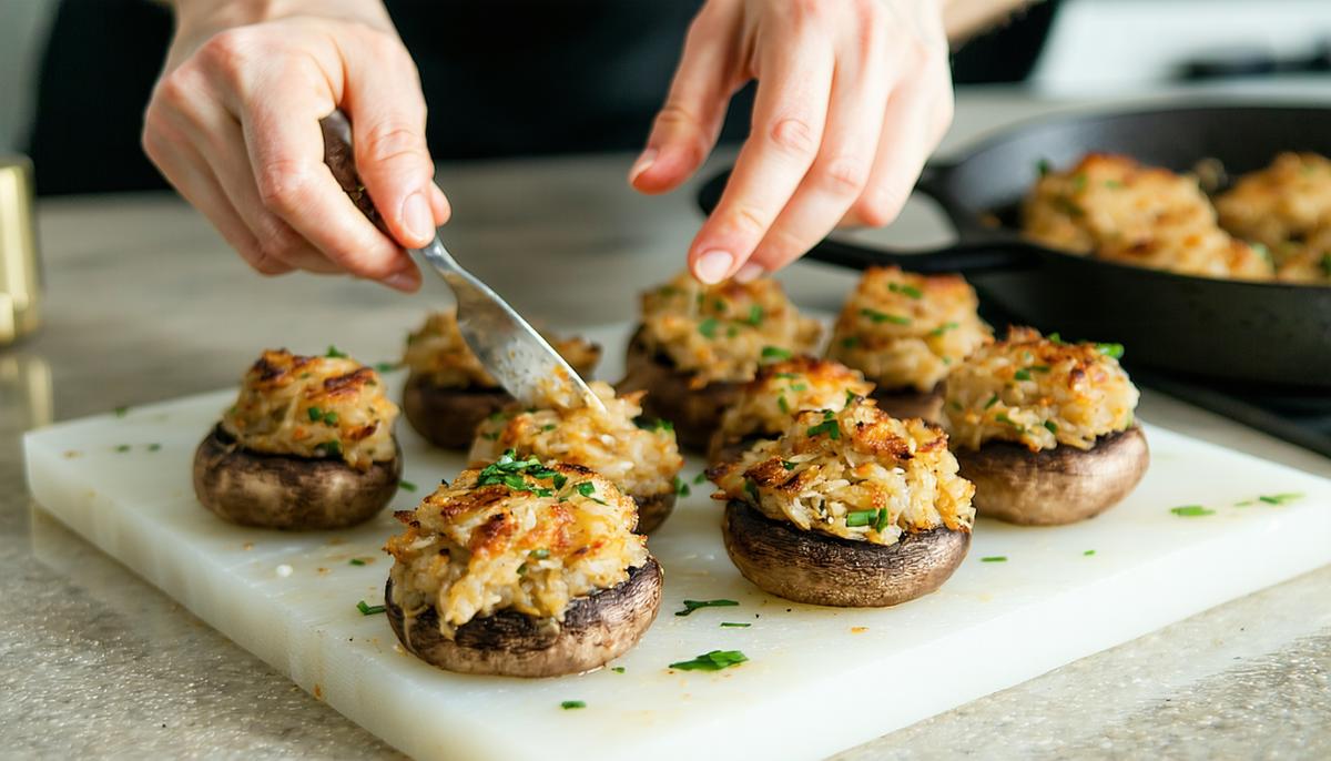Hands preparing keto stuffed mushrooms in a kitchen