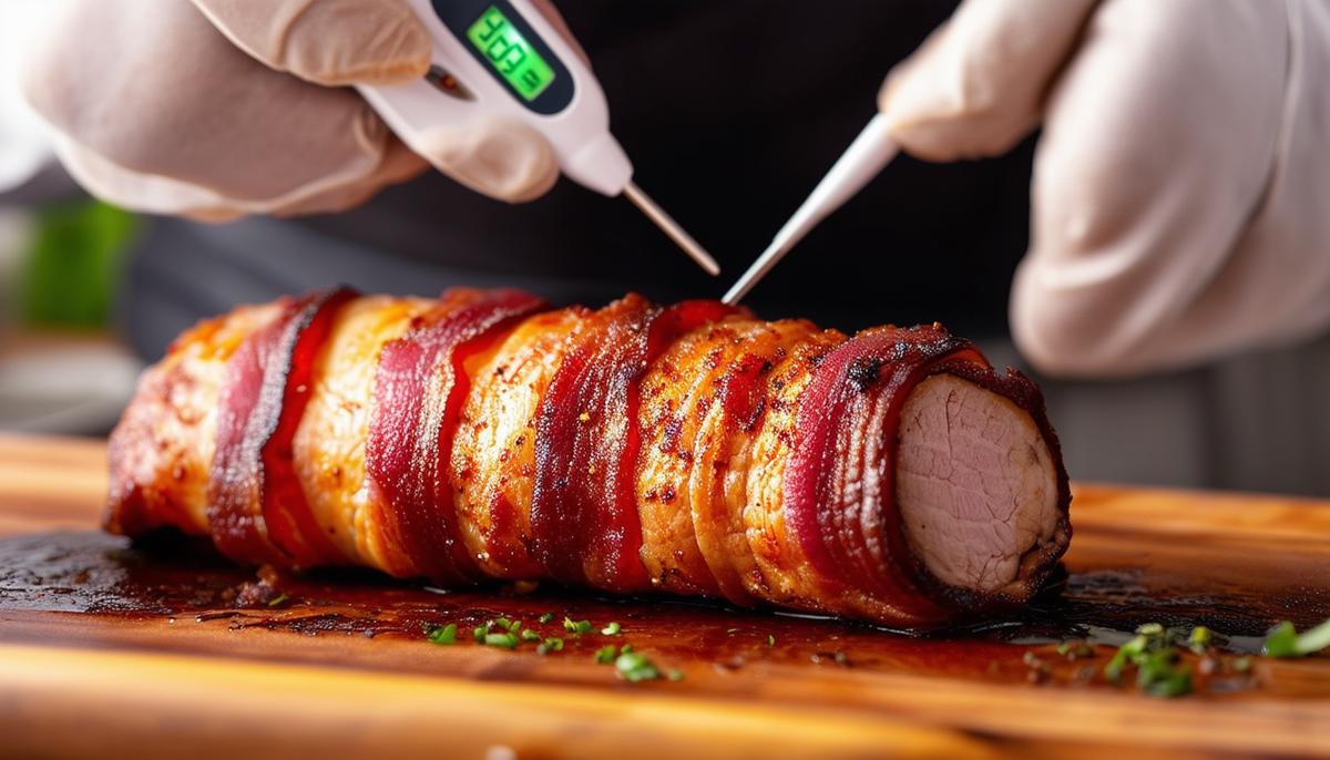 A chef using a meat thermometer to check the temperature of a bacon-wrapped pork tenderloin