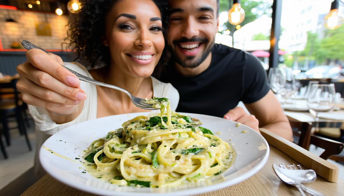 A couple enjoying Keto Zoodle Alfredo in a cozy restaurant setting