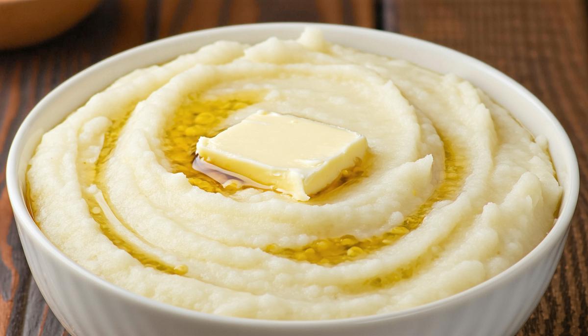 A bowl of creamy mashed potatoes with a pat of melting butter