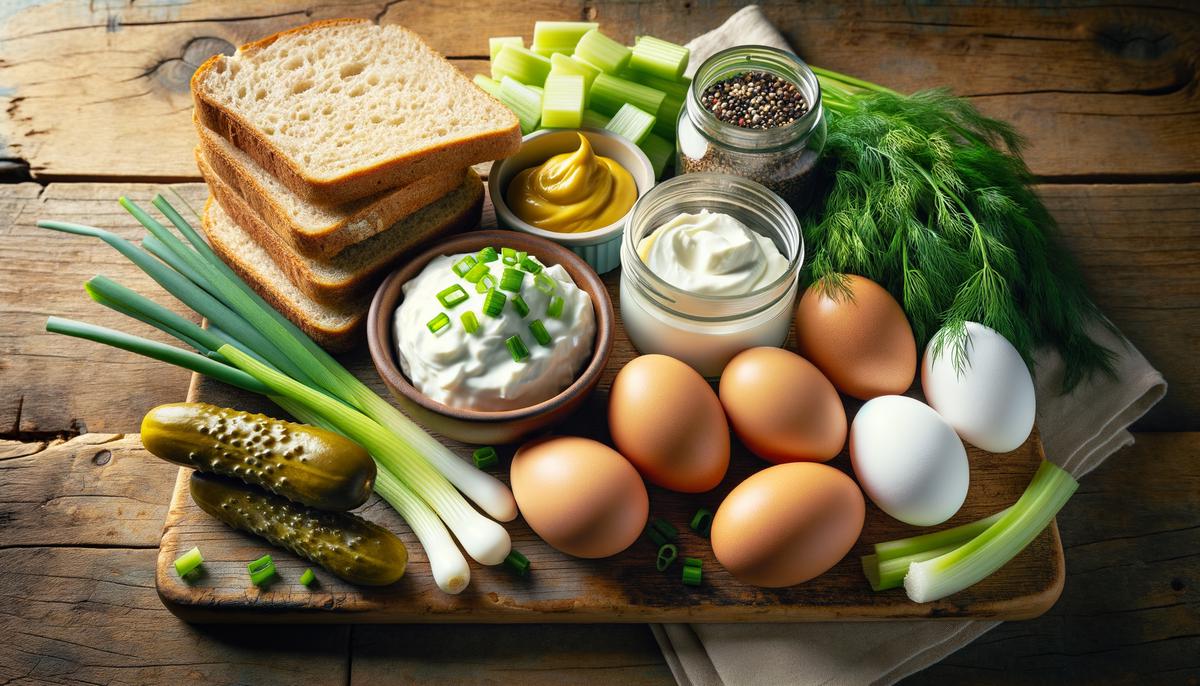 Ingredients for a healthy egg salad sandwich laid out on a wooden cutting board