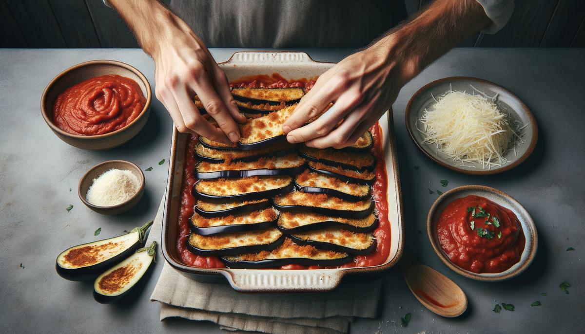 Hands layering eggplant, sauce, and cheese in a baking dish for eggplant parmesan