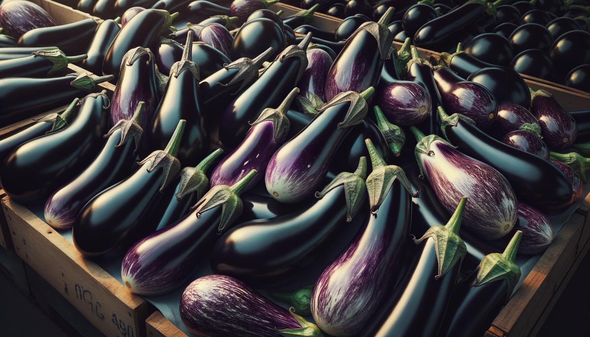 Various types of eggplants displayed at a market