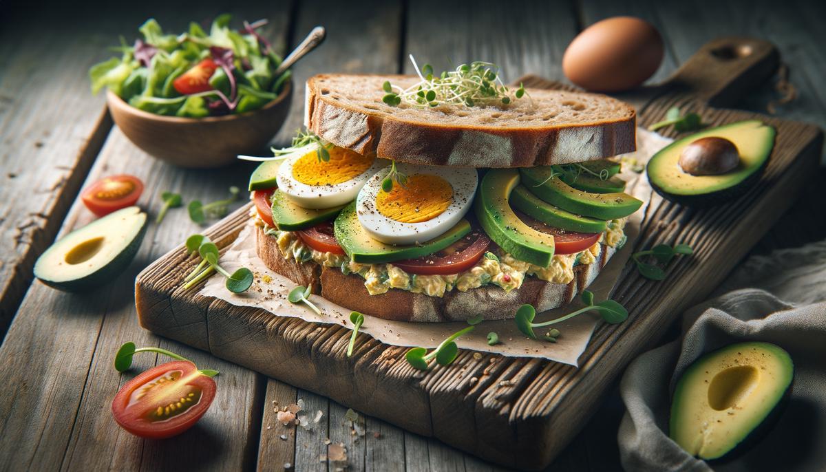 An elegant egg salad sandwich with gourmet toppings on a wooden board