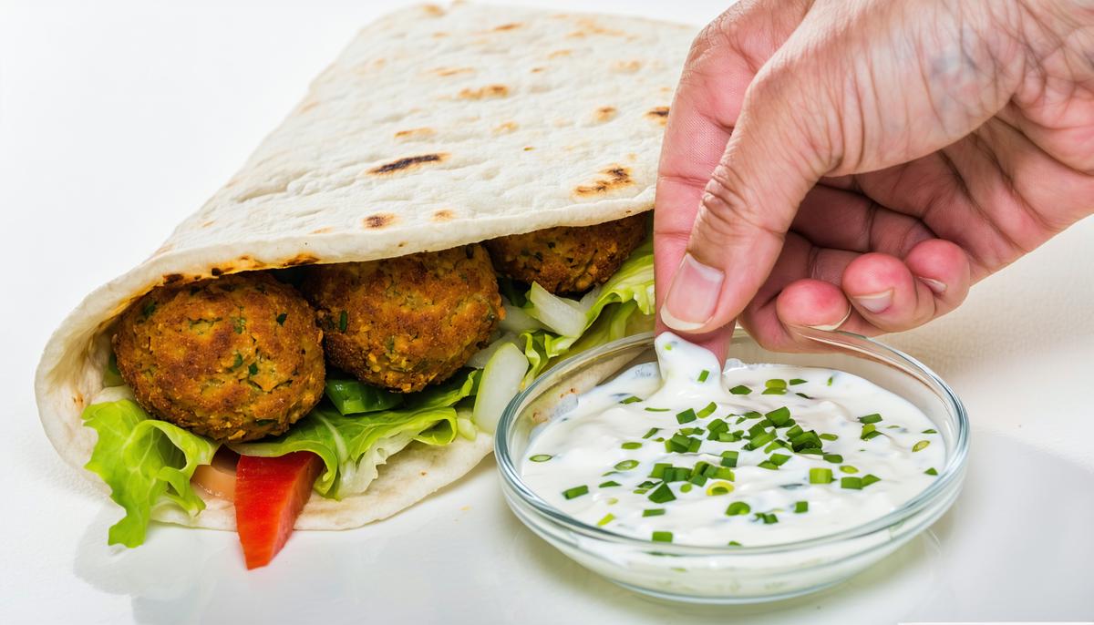 Assembling a falafel pita wrap with tzatziki sauce
