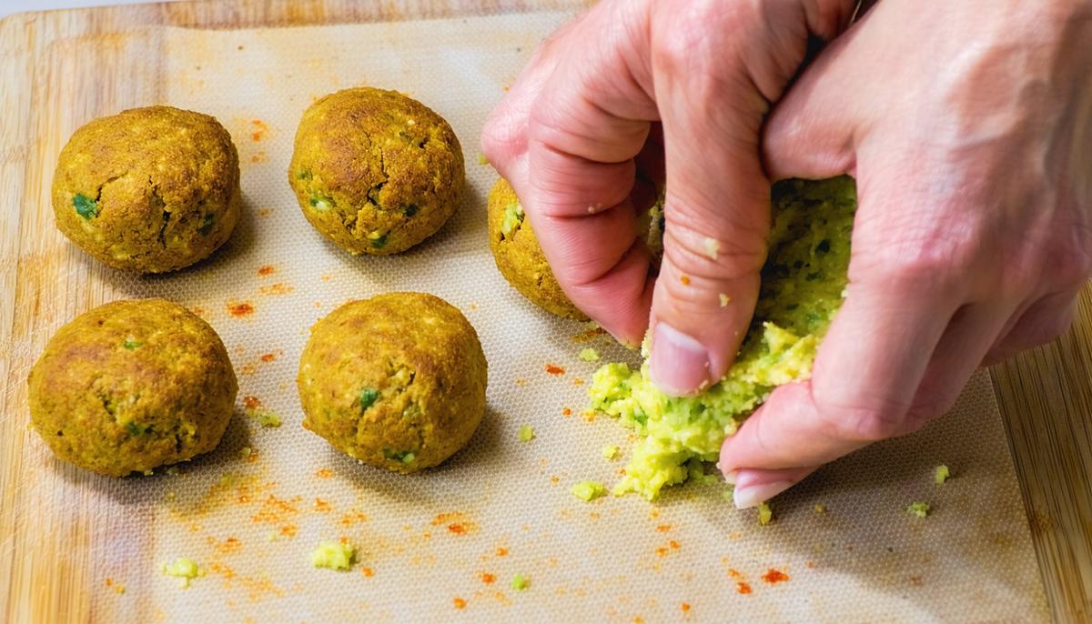 Hands shaping falafel mixture into patties