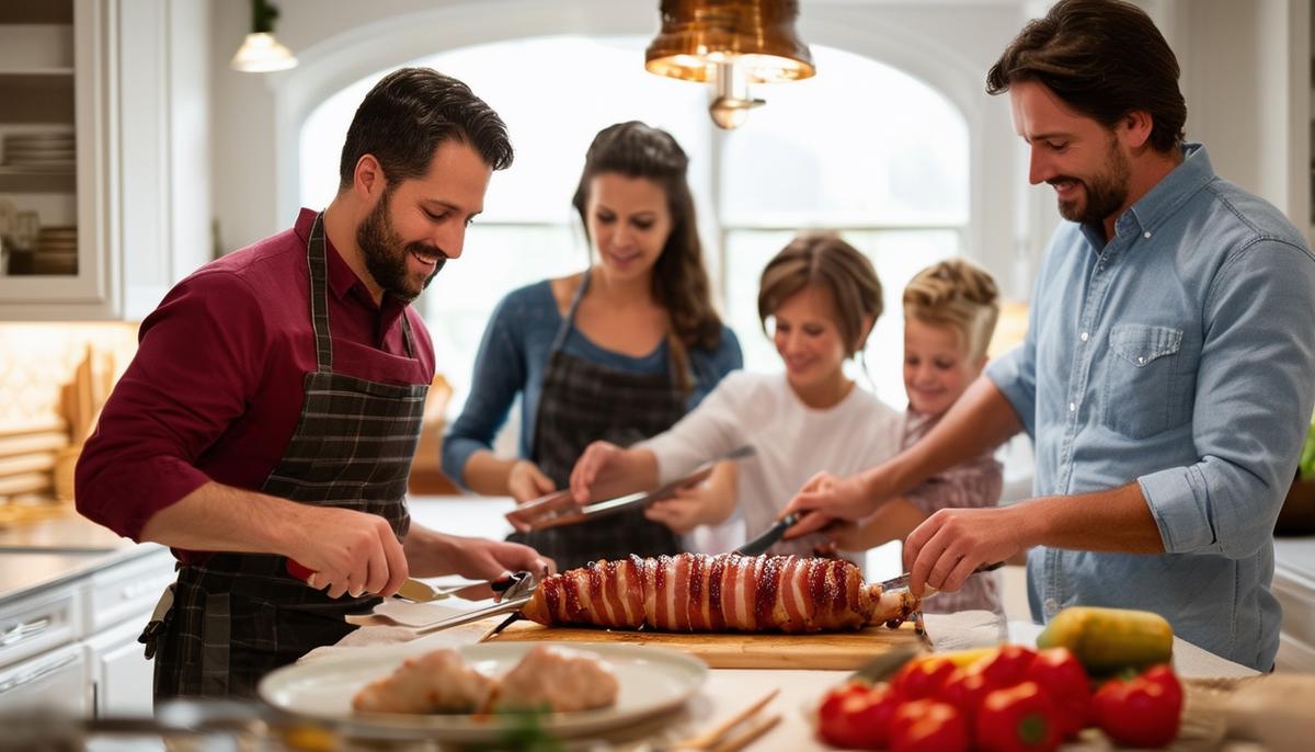 A family in the kitchen preparing a bacon-wrapped pork tenderloin together
