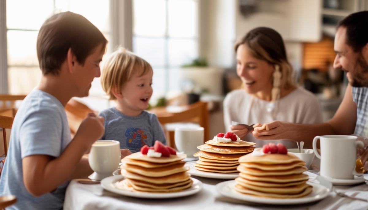 Family enjoying almond flour pancakes at breakfast table