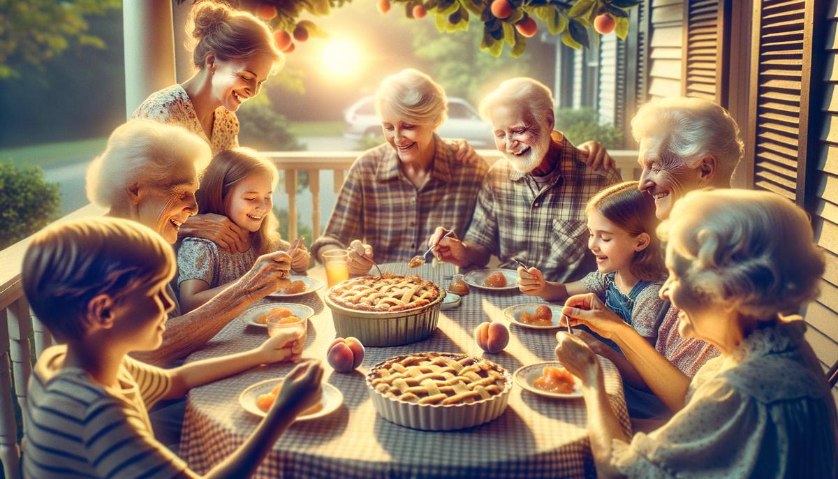 A multi-generational family enjoying peach cobbler on a porch during a late summer afternoon