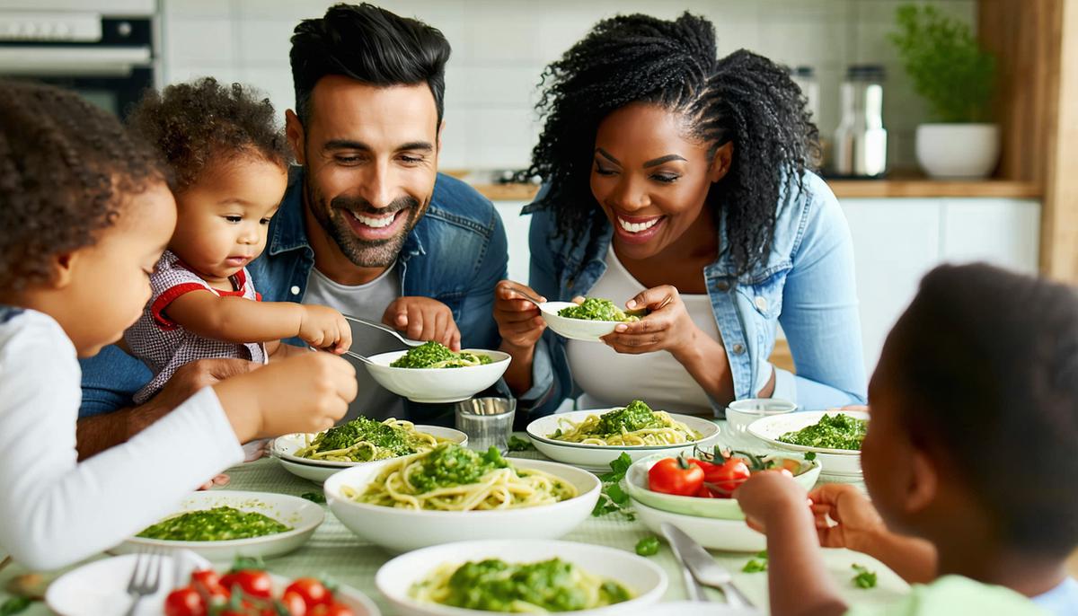 A diverse family enjoying a meal of pesto pasta together at the dinner table