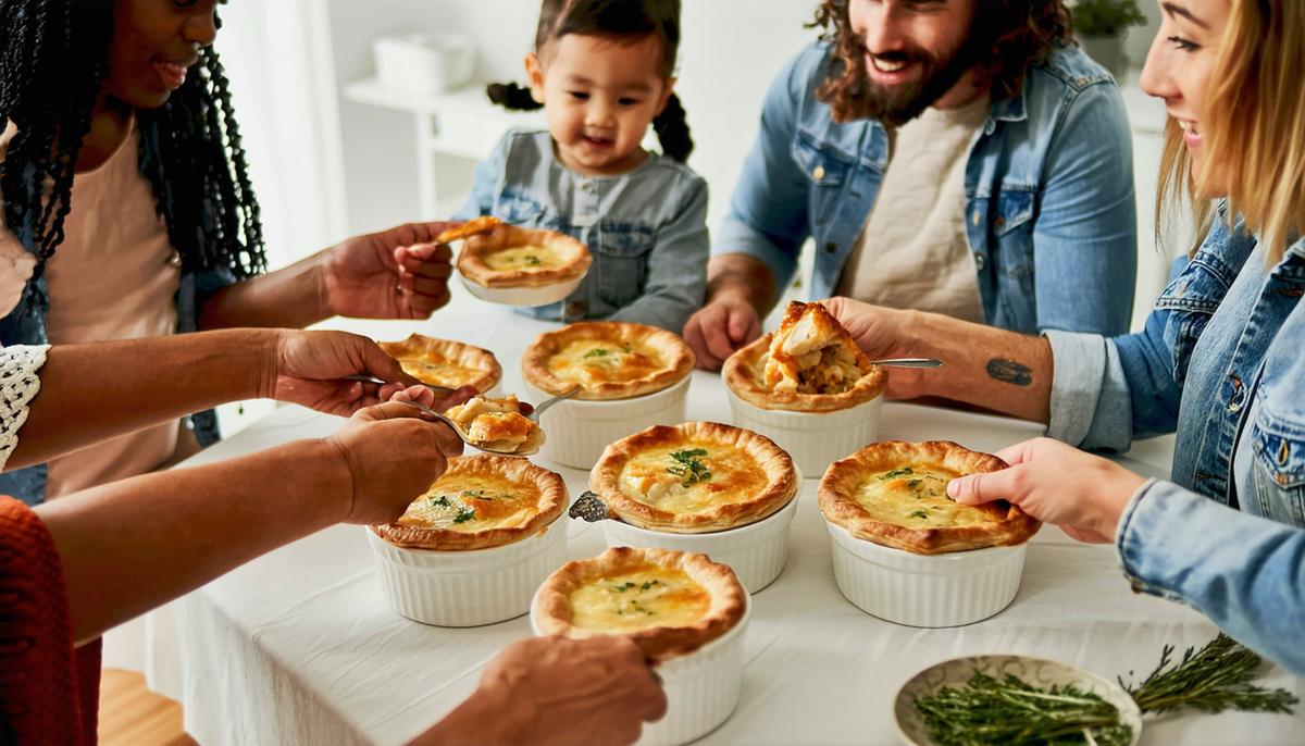 A diverse family gathered around a table, enjoying individual chicken pot pies in ramekins