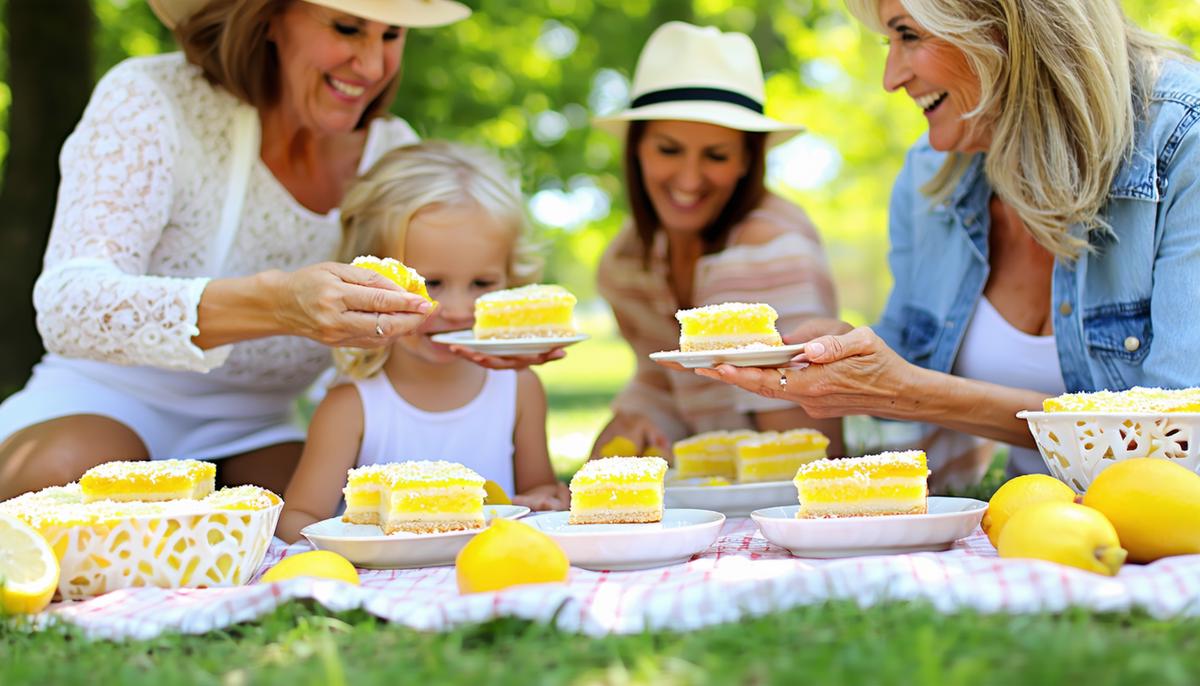 A multi-generational family enjoying lemon bars at a sunny picnic in a park