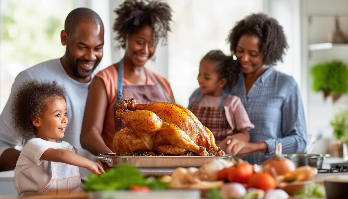 A diverse family preparing a roast chicken together in a kitchen
