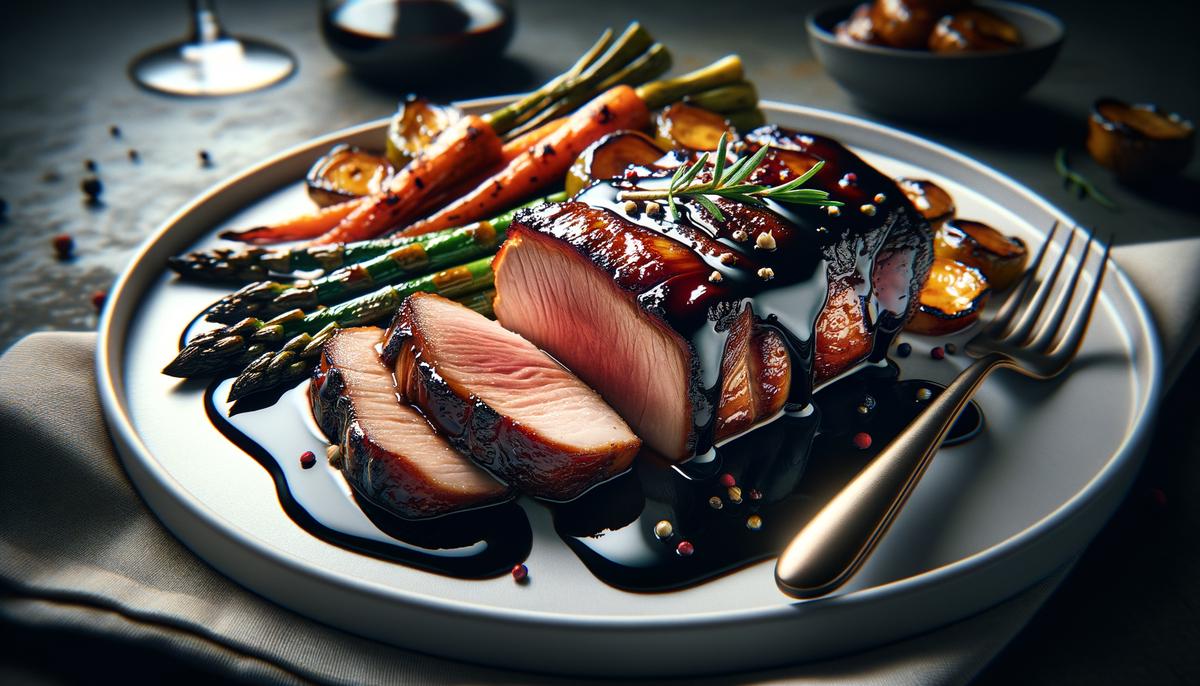 A beautifully plated slice of balsamic glazed pork tenderloin with roasted vegetables