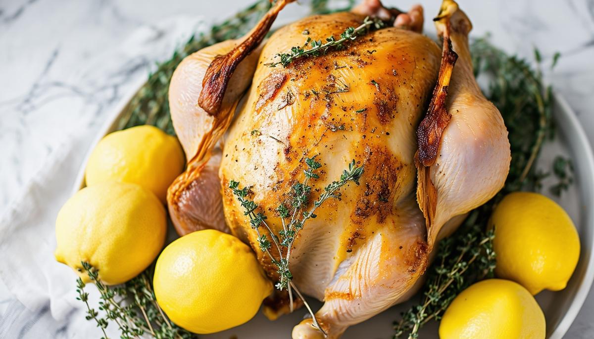 Fresh organic ingredients for roast chicken including a whole chicken, lemons, and thyme