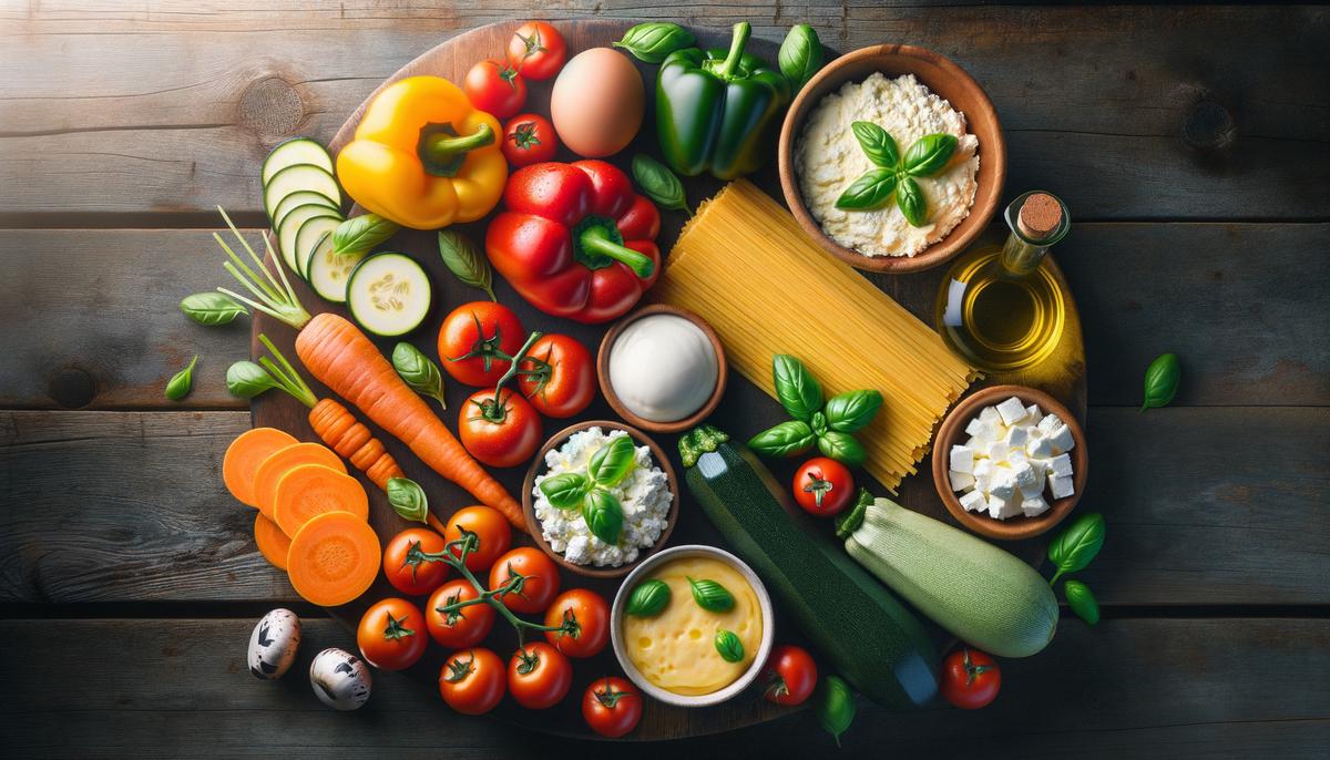An array of fresh ingredients for vegetarian lasagna, including colorful vegetables, cheese, and pasta