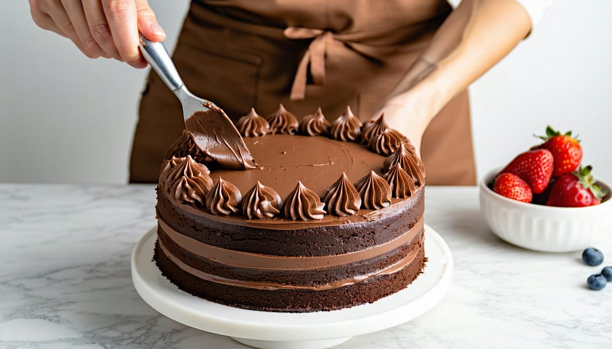 A person frosting a gluten-free chocolate cake with smooth chocolate buttercream