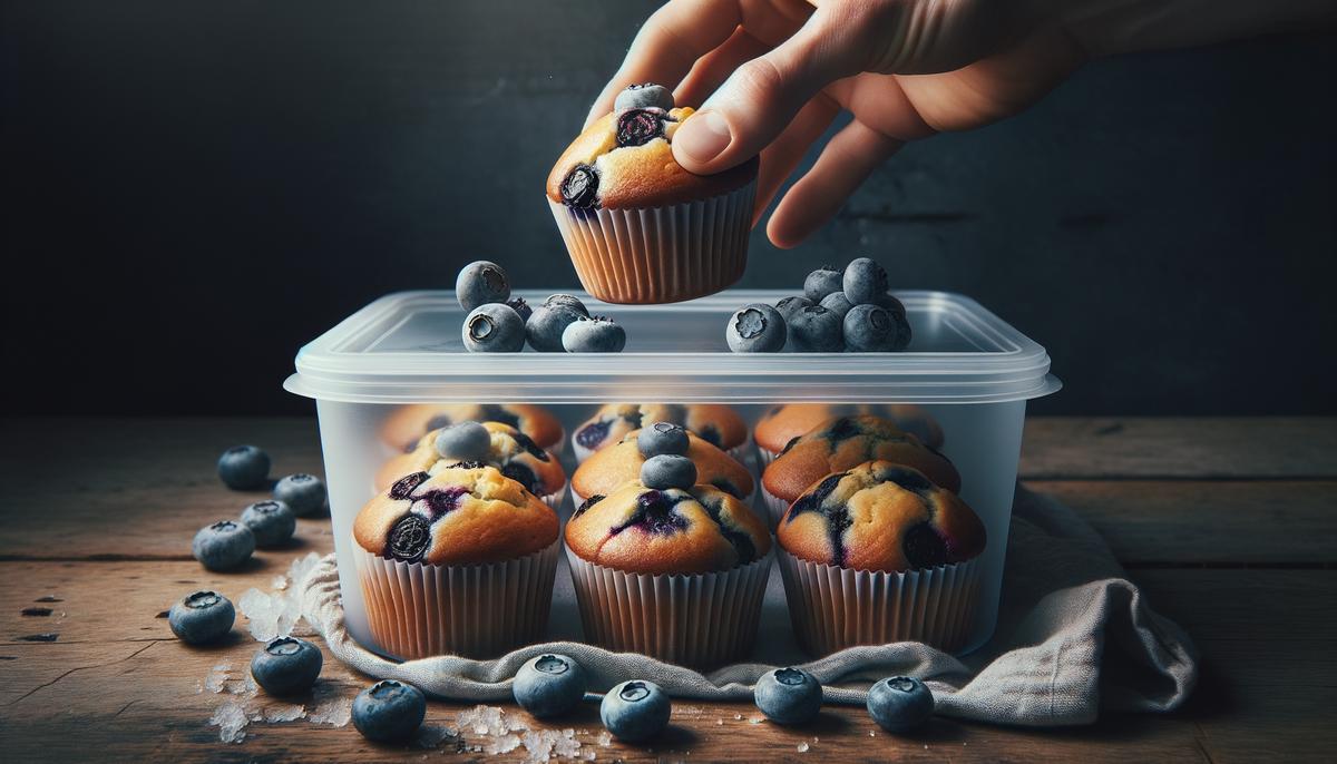 Gluten-free blueberry muffins being stored in a freezer-safe container