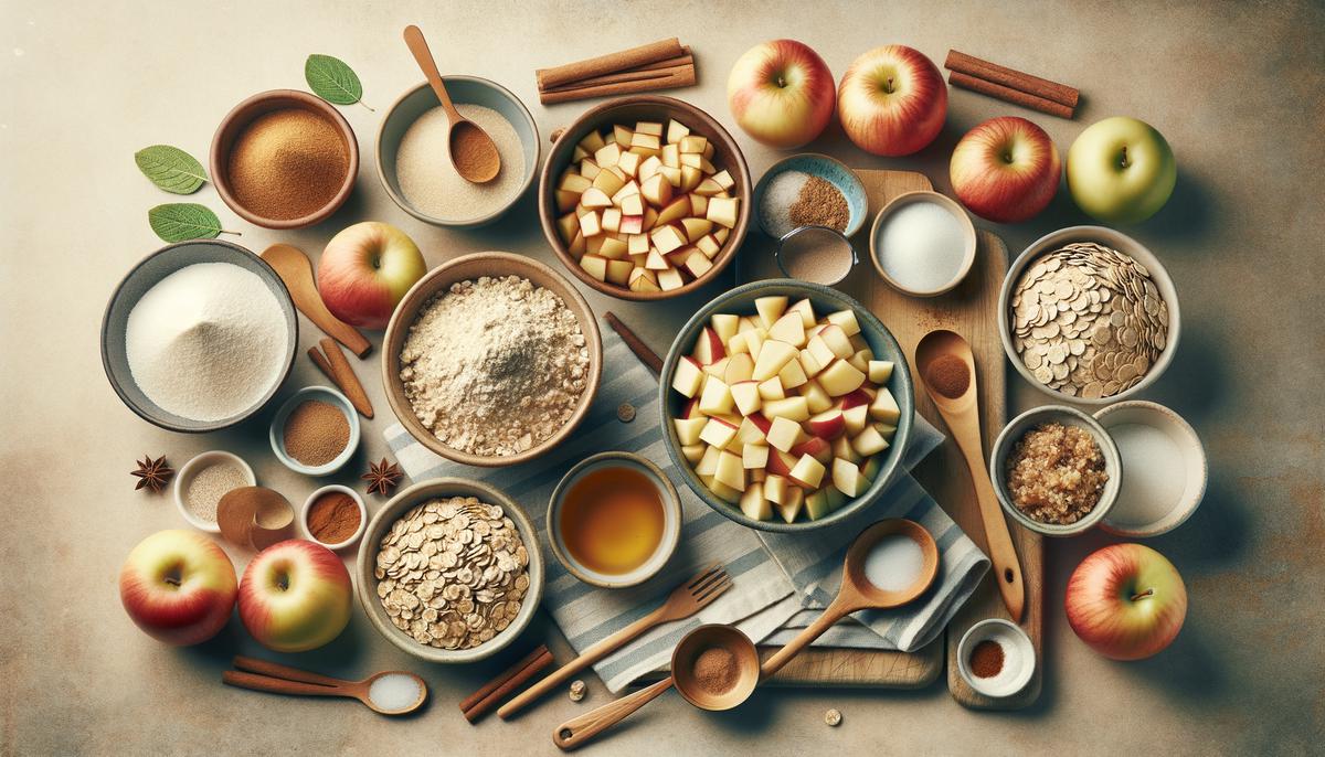 Ingredients and steps for making gluten-free apple crisp laid out on a kitchen counter