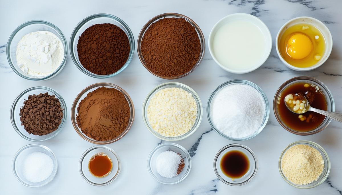 Ingredients for a gluten-free chocolate cake laid out on a kitchen counter