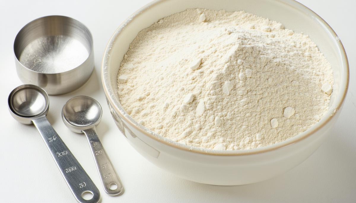 A bowl of gluten-free flour blend next to measuring cups and spoons