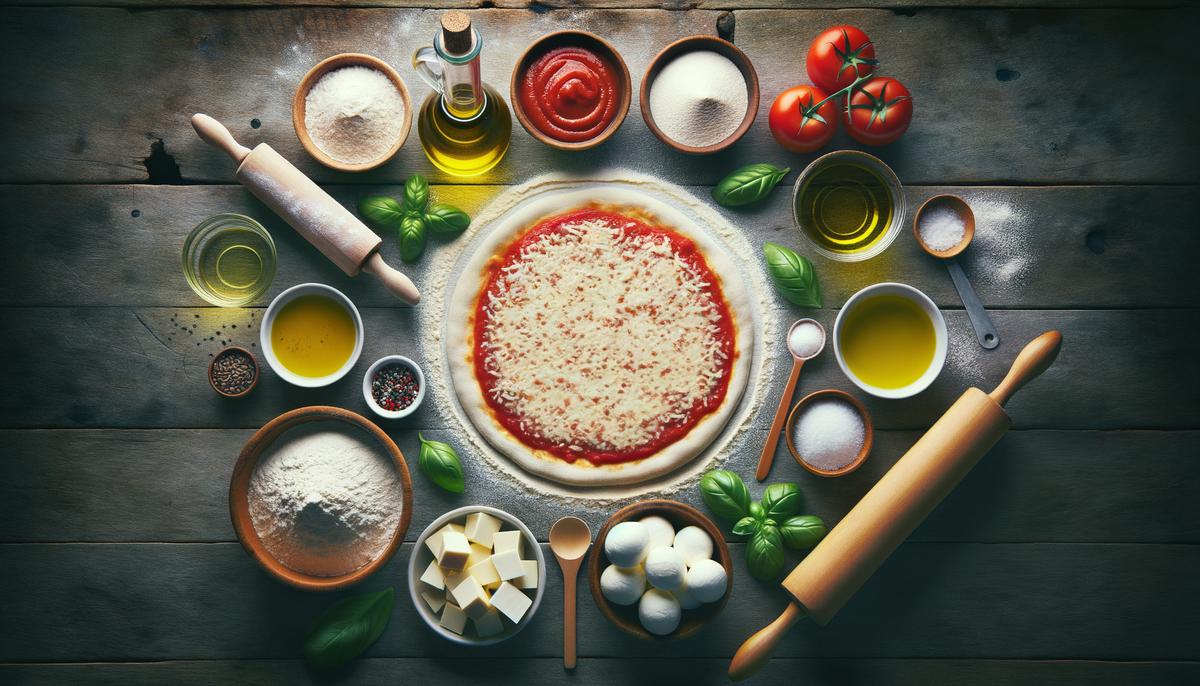 Ingredients for gluten-free Margherita pizza laid out on a wooden table
