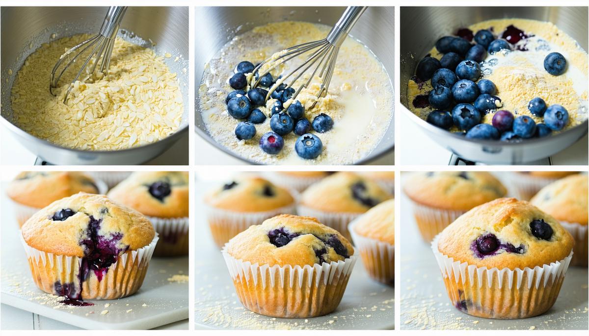 A collage showing the process of making gluten-free blueberry muffins