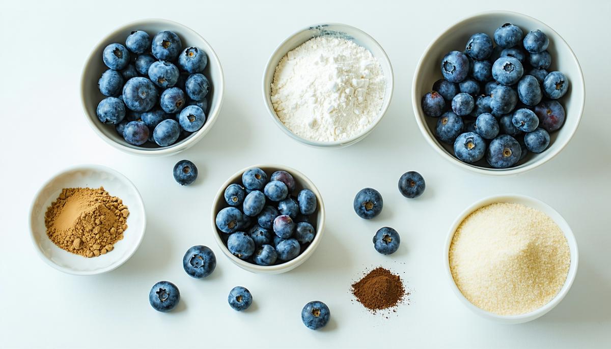 Ingredients for gluten-free blueberry muffins laid out on a kitchen counter