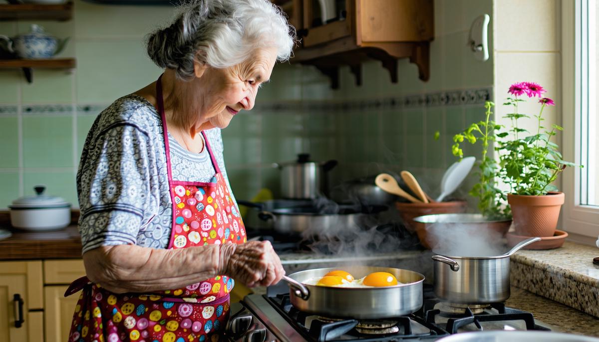 An elderly woman cooking eggs in a cozy kitchen