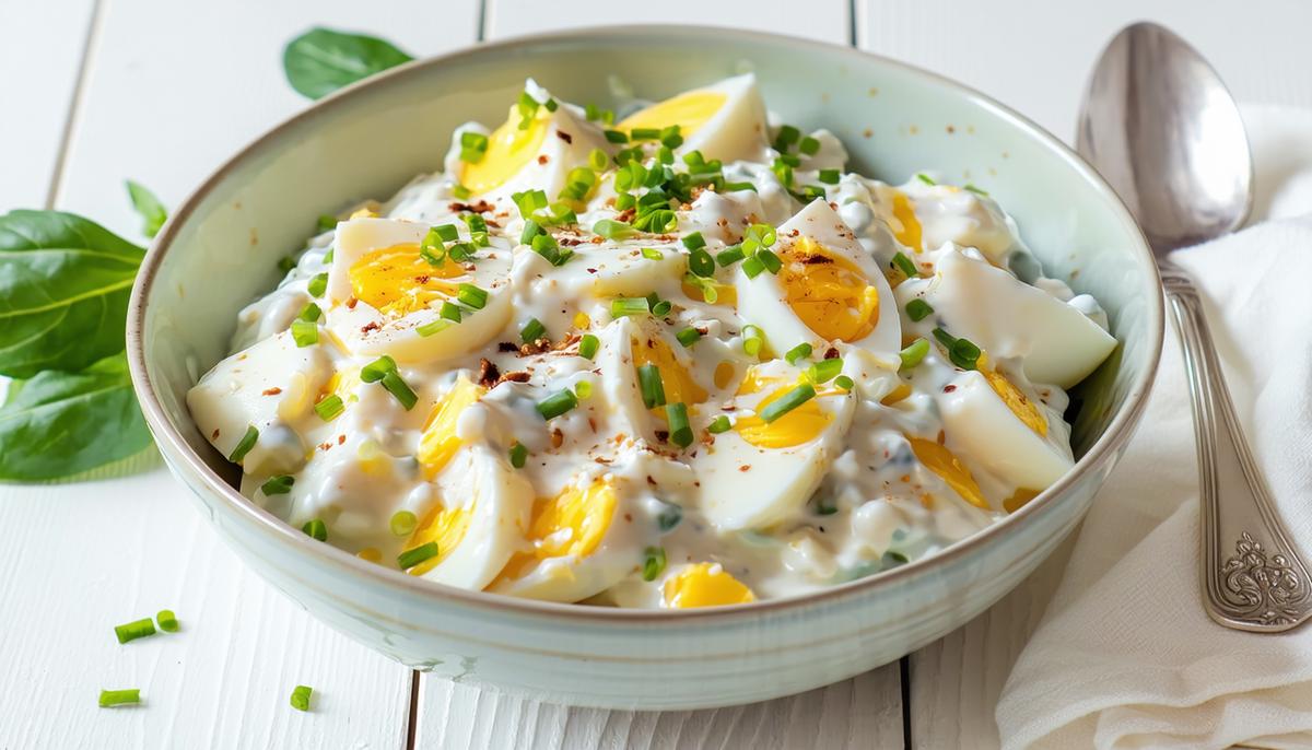 A bowl of creamy egg salad made with Greek yogurt, garnished with fresh herbs