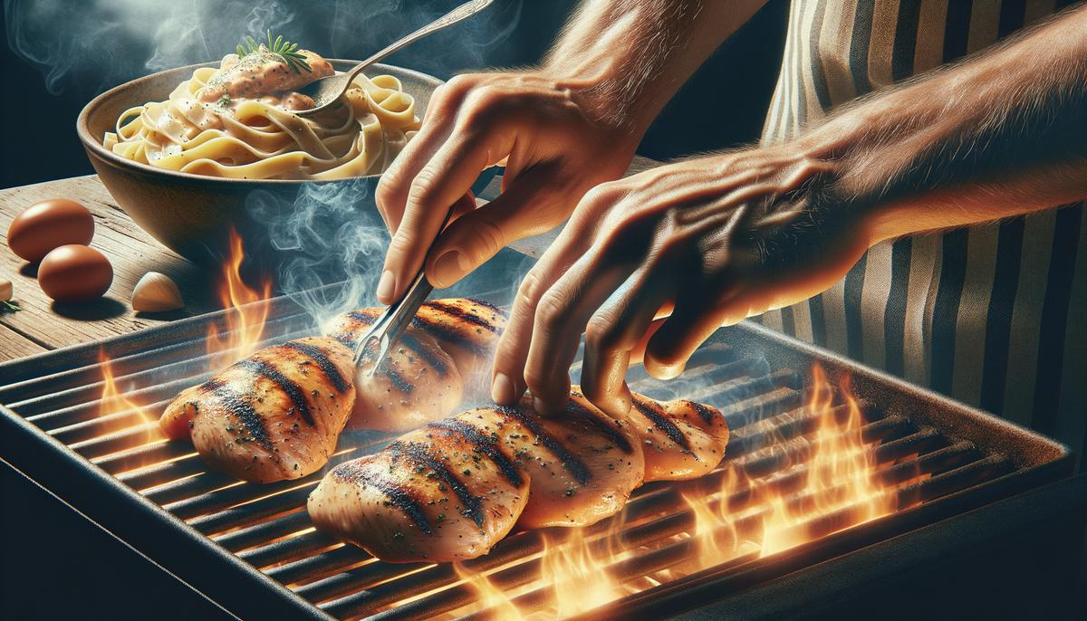 A person grilling chicken on a barbecue for Fettuccine Alfredo