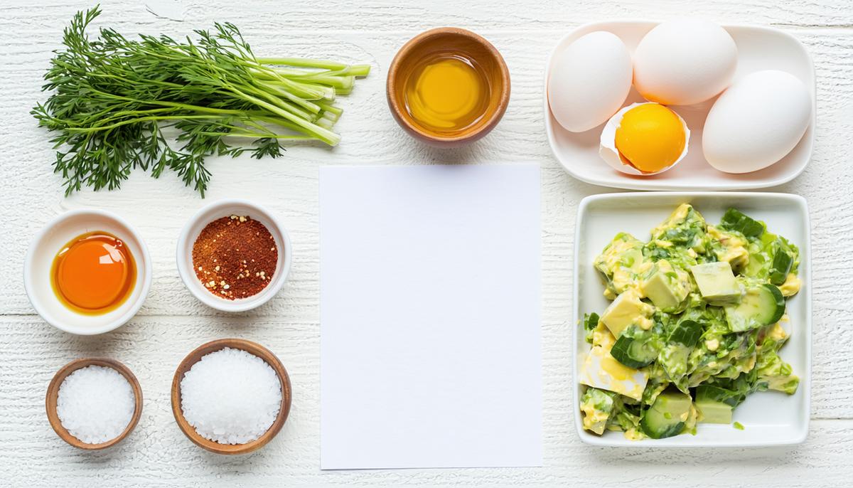 Ingredients for healthy egg salad laid out with recipe card