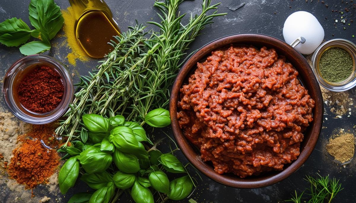An assortment of herbs, spices, and Worcestershire sauce for bolognese