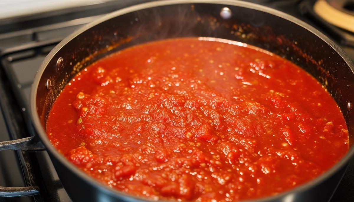 A pot of homemade marinara sauce simmering on a stove