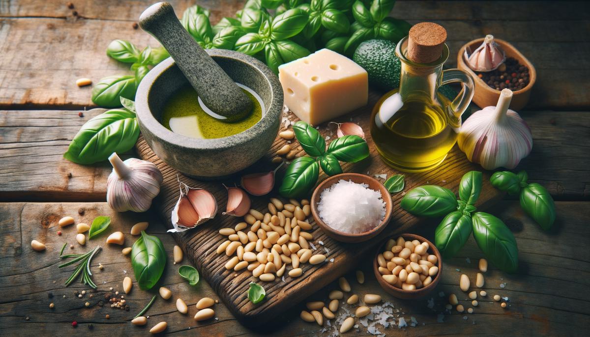 Fresh ingredients for homemade pesto laid out on a wooden surface
