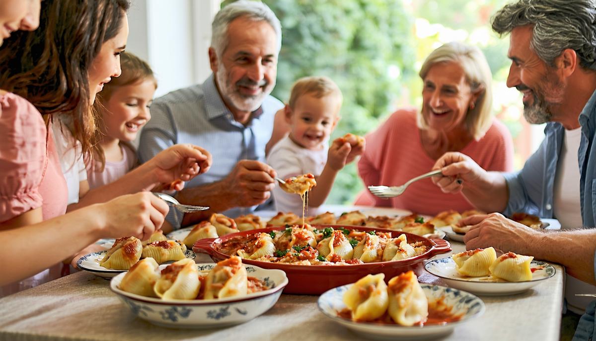 A multi-generational Italian family gathered around a table enjoying stuffed shells